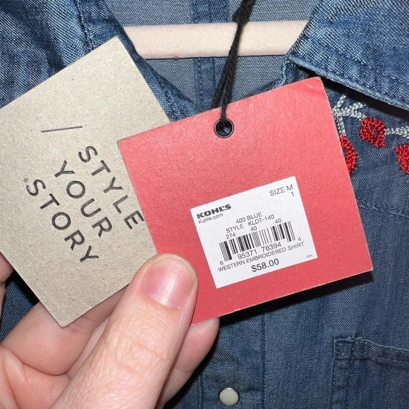 K/LAB chambray button down shirt with embroidered accent in red. Open back! - Picture 6 of 8